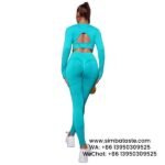 Aqua Green Cut-Out Long-Sleeved High-Rise Sports Yoga Trousers 2-Piece Set Gym Wears