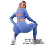 Blue Cut-Out Long-Sleeved High-Rise Sports Yoga Trousers 2-Piece Set Gym Wear