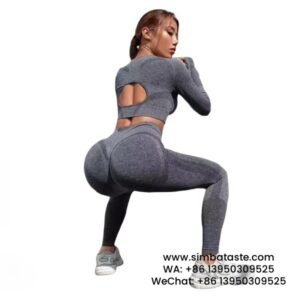 Hemp Ash Cut-Out Long-Sleeved High-Rise Sports Yoga Trousers 2-Piece Set Gym Wears