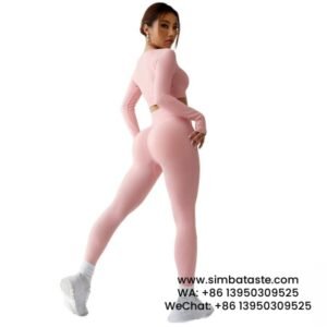 Pink Seamless Long Sleeve Knitted Vertical Stripe Yoga Suit Set 2-Piece Set Gym Wear