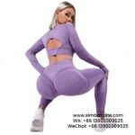 Purple Cut-Out Long-Sleeved High-Rise Sports Yoga Trousers 2-Piece Set Gym Wears