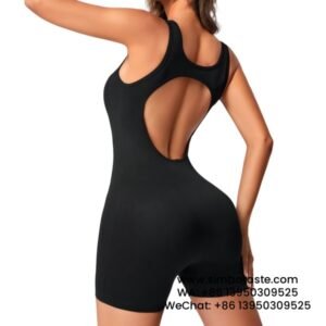 Short Sleeve Cut-Out Beautiful Back Ribbed Knit Sports Yoga Jumpsuit with Chest Pad