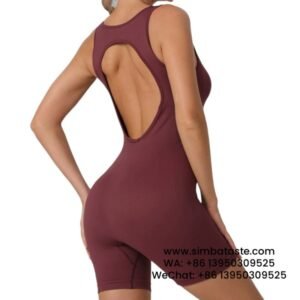 Short Sleeve Cut-Out Wine Red Beautiful Back Ribbed Knit Sports Yoga Jumpsuit with Chest Pad