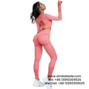 Watermelon Red Cut-Out Long-Sleeved High-Rise Sports Yoga Trousers 2-Piece Set Gym Wears