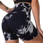 Women Black Seamless Tie Bleach Tight Short Pants Fitness Yoga Gym Shorts