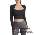 Women Black Yoga Wear Cropped Long Sleeve Quick-Drying Running Tights Training Top