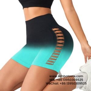 Women Blue High Waist Side Mesh Dip Dye Yoga Shorts Fitness Exercise Pants
