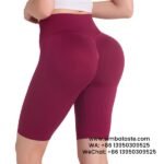 Women Burgundy Gym Pants Skinny Cropped Pants High-Waisted Seamless Yoga Shorts