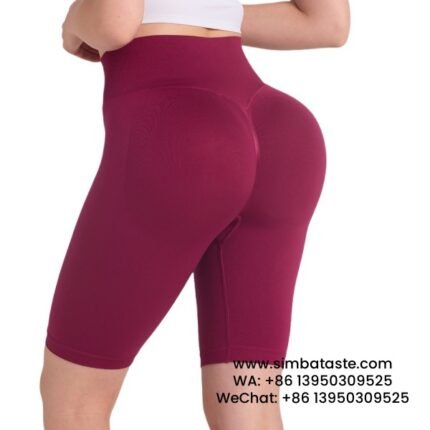 Women Burgundy Gym Pants Skinny Cropped Pants High-Waisted Seamless Yoga Shorts