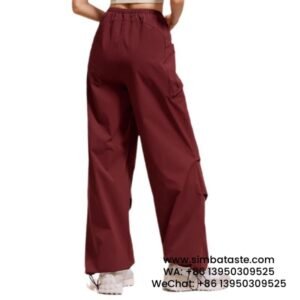 Women Burgundy Red American Drawstring Cargo Pants Outdoor Casual Sports Long Pants Back