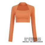 Women Coral Orange Yoga Wear Cropped Long Sleeve Quick-Drying Running Tights Training Top