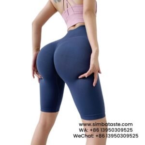 Women Dark Blue Gym Pants Skinny Cropped Pants High-Waisted Seamless Yoga Shorts