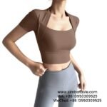 Women Dark Brown Yoga Clothes Sexy Running Gym Top Slim Sports Short-Sleeved Yoga T-Shirt
