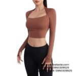 Women Dark Brown Yoga Wear Cropped Long Sleeve Quick-Drying Running Tights Training Top