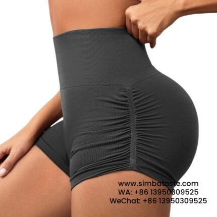 Women Dark Gray Pleated Yoga Short Pants Running Threaded Gym Pants Athletic Shorts