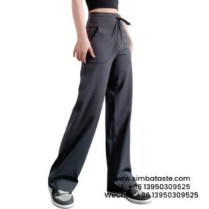 Women Gray Loose Wide-Legged Pants High Waist Side Pockets Yoga Pants