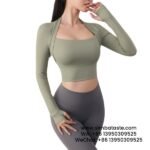 Women Khaki Green Yoga Wear Cropped Long Sleeve Quick-Drying Running Tights Training Top