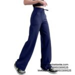 Women Navy Blue Loose Wide-Legged Pants High Waist Side Pockets Yoga Pants