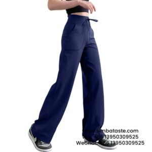Women Navy Blue Loose Wide-Legged Pants High Waist Side Pockets Yoga Pants