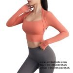 Women Orange Yoga Wear Cropped Long Sleeve Quick-Drying Running Tights Training Top